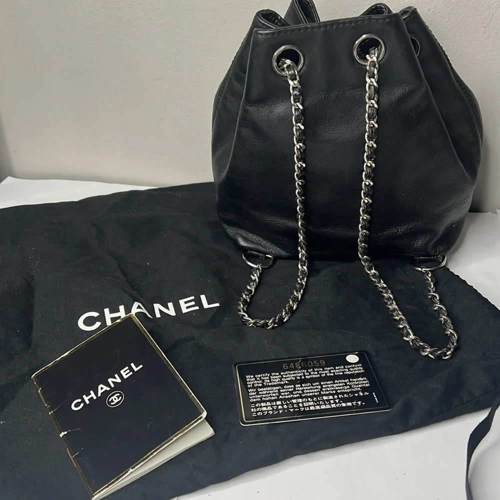 Chanel Black Leather Mini Backpack Bucket Bag Dustbag and Authenticity Card